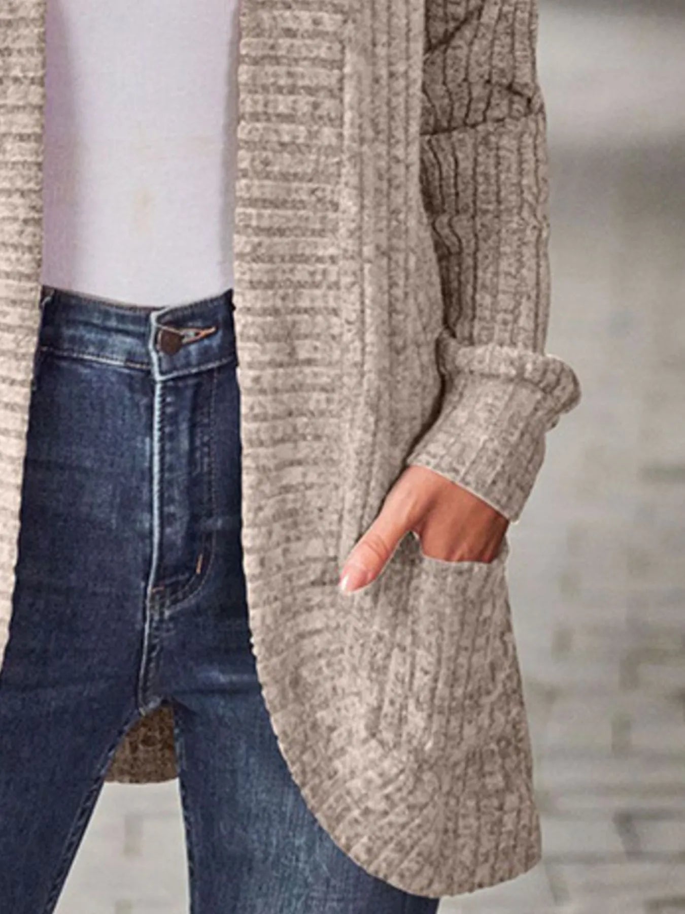 Ribbed Knit Open Front Cardigan with Pockets - Fashorio