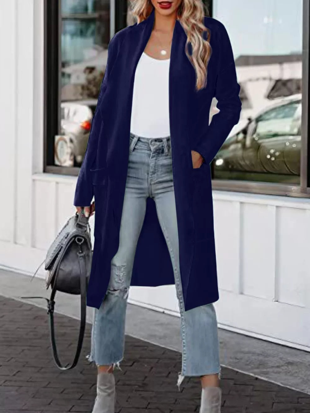 Open Front Dropped Shoulder Outerwear Dark Blue - Fashorio
