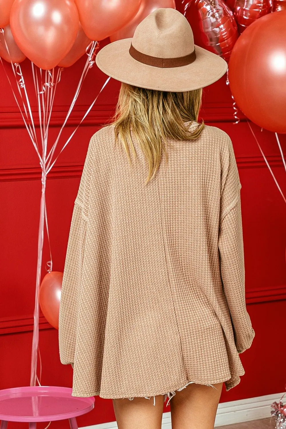 BiBi V-Neck Waffle Uneven Hem Top - Fashorio