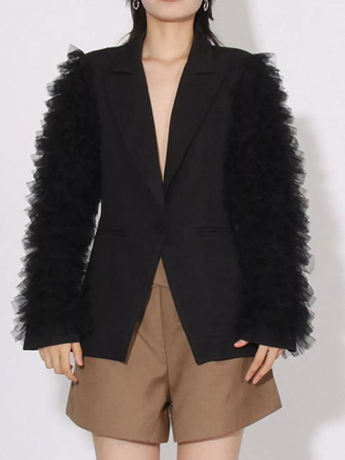 One Button Mesh Long Sleeve Blazer - Fashorio