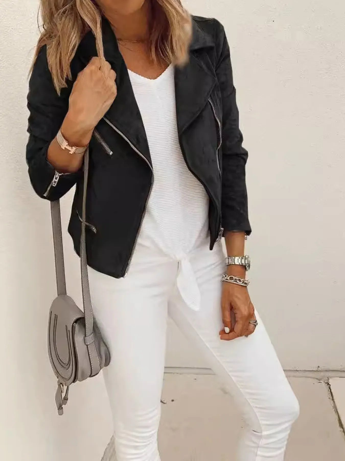 Zip-Up Long Sleeve Jacket for Casual Layering Black - Fashorio