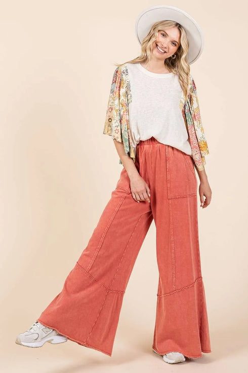 Mittoshop Mineral Wash Wide Flared Leg Pants - Fashorio