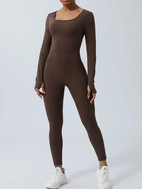 Twisted Backless Long Sleeve Jumpsuit Chocolate - Fashorio