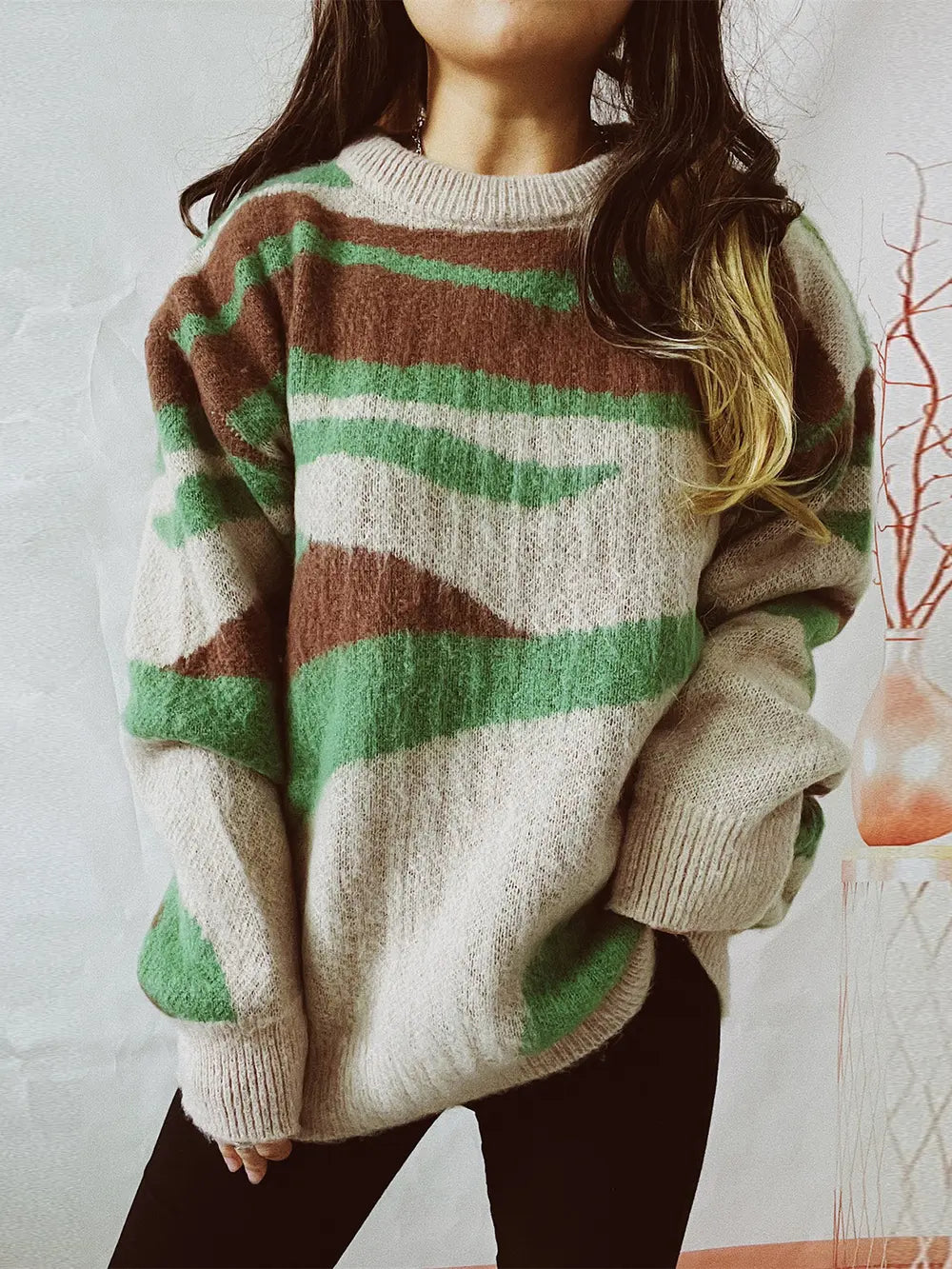 Color Block Round Neck Sweater Matcha Green - Fashorio
