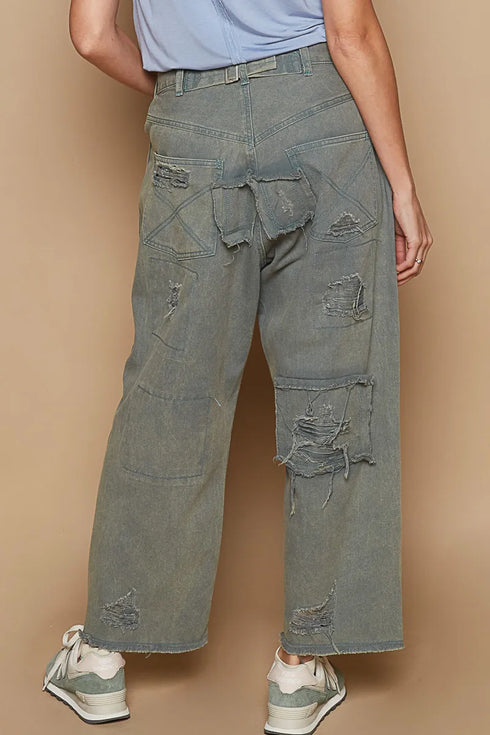 POL Distressed Raw Hem Wide Leg Pants - Fashorio