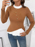 Decor Button Contrast Hem Knit Top Khaki - Fashorio