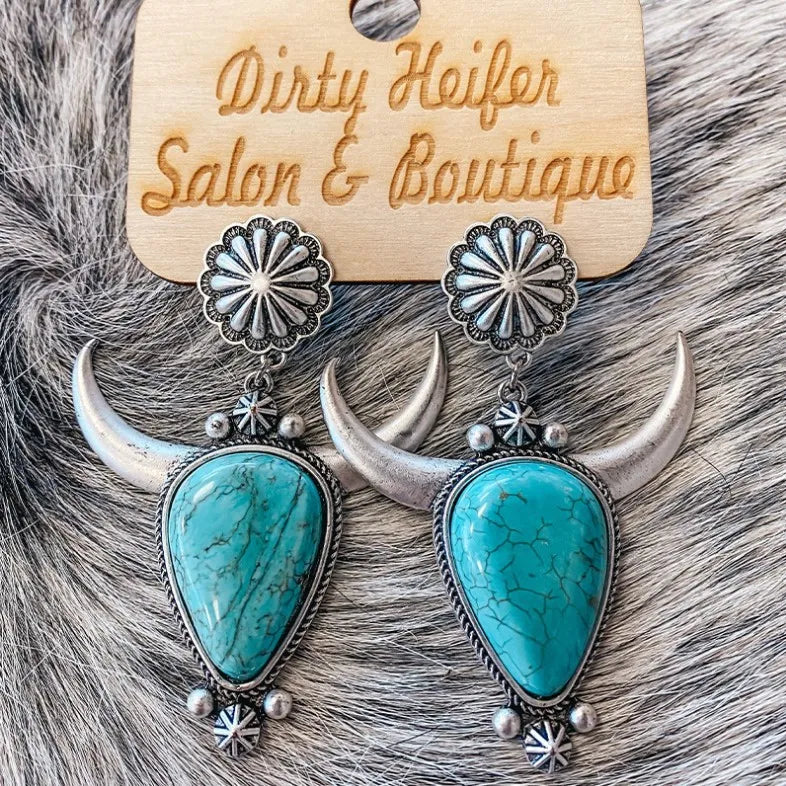 Artificial Turquoise Alloy Cow Head Earrings - Fashorio