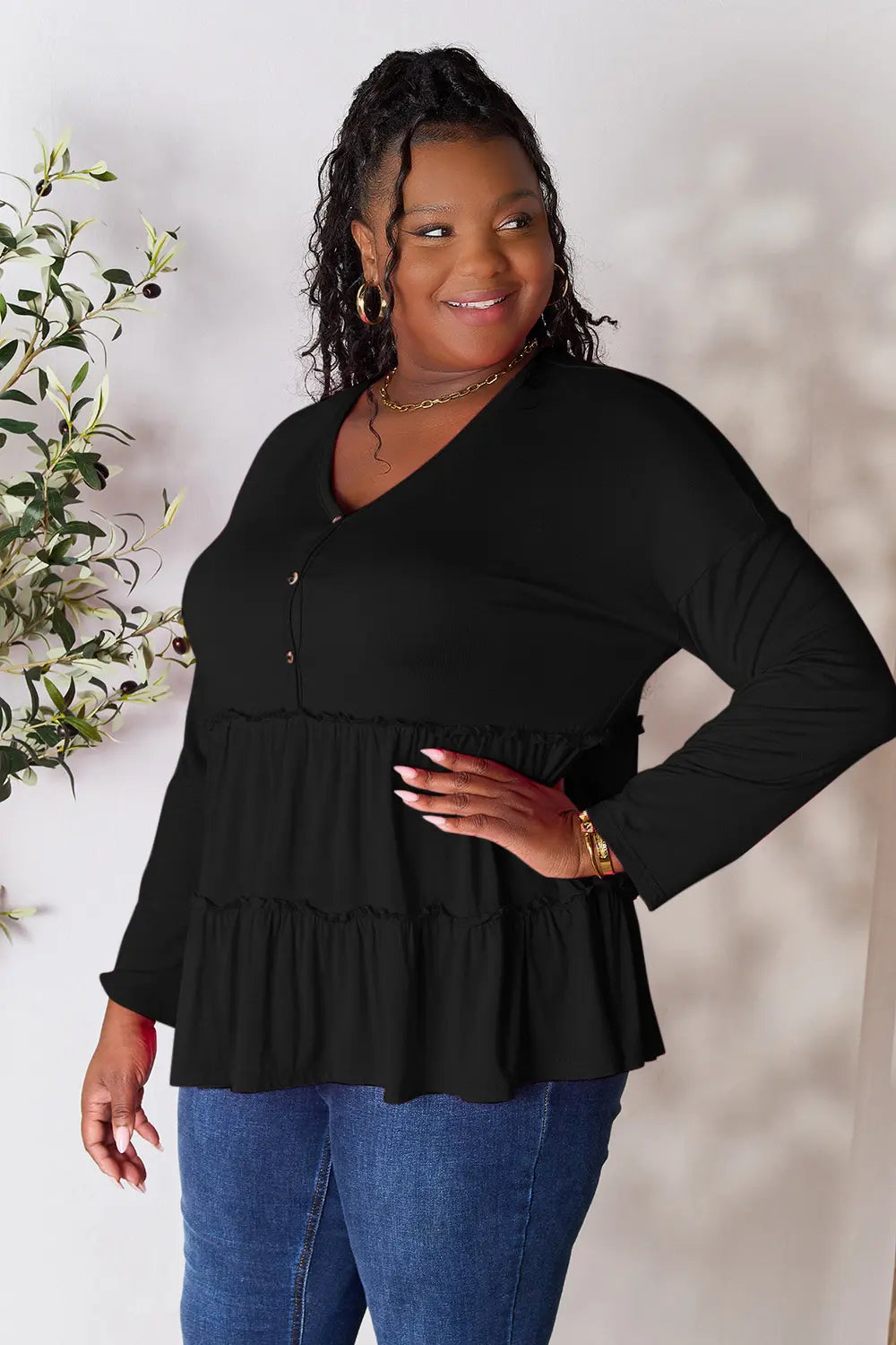 Double Take Half Button Long Sleeve Ruffle Hem Blouse - Fashorio