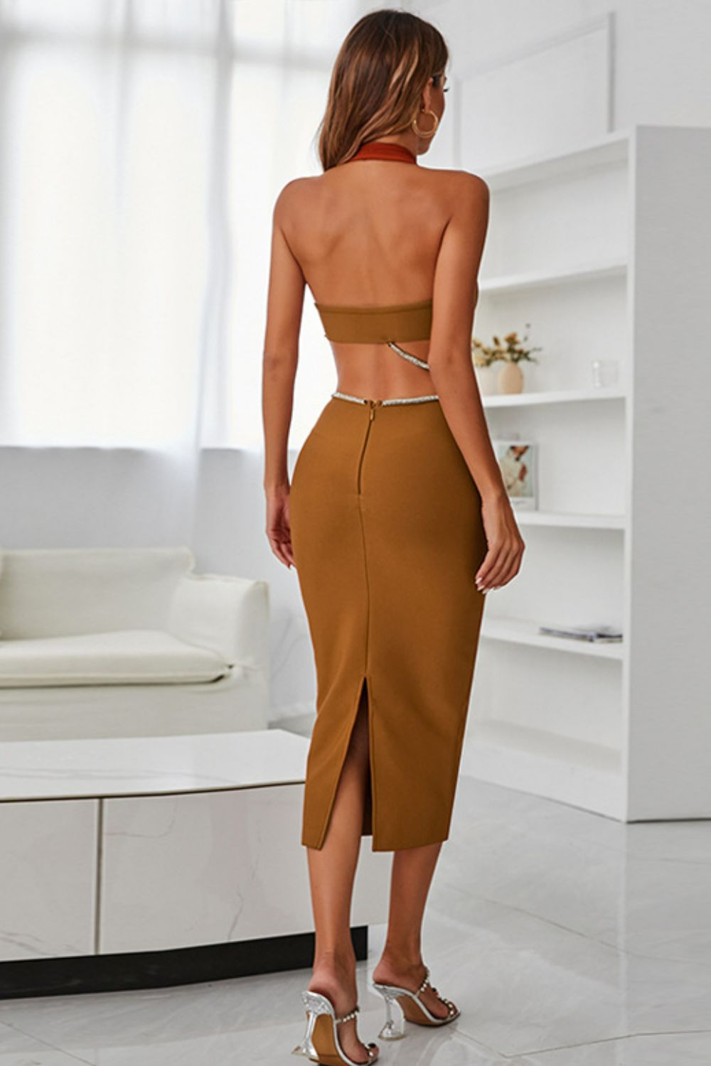 Rhinestone Halter Neck Cutout Slit Midi Dress - Fashorio