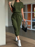 Round Neck Short Sleeve Top and Pants Set Green - Fashorio