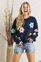 ADORA Full Size Flower Popped Sweater Plus Size NAVY - Fashorio