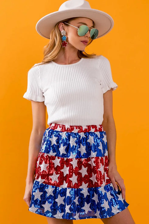 BiBi American Flag Theme Star Sequin Tiered Skirt - Fashorio