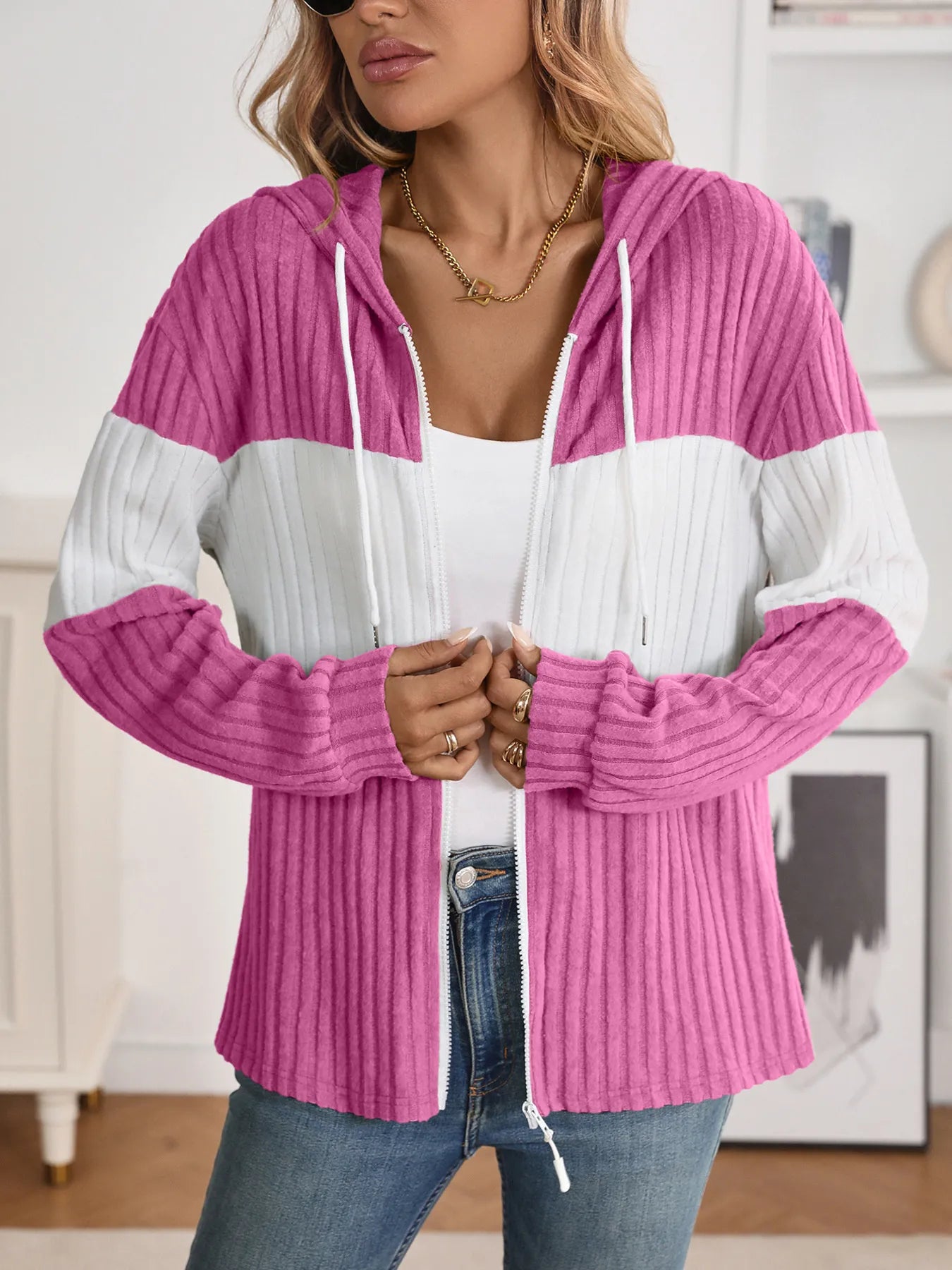 Drawstring Color Block Zip Up Outerwear - Fashorio