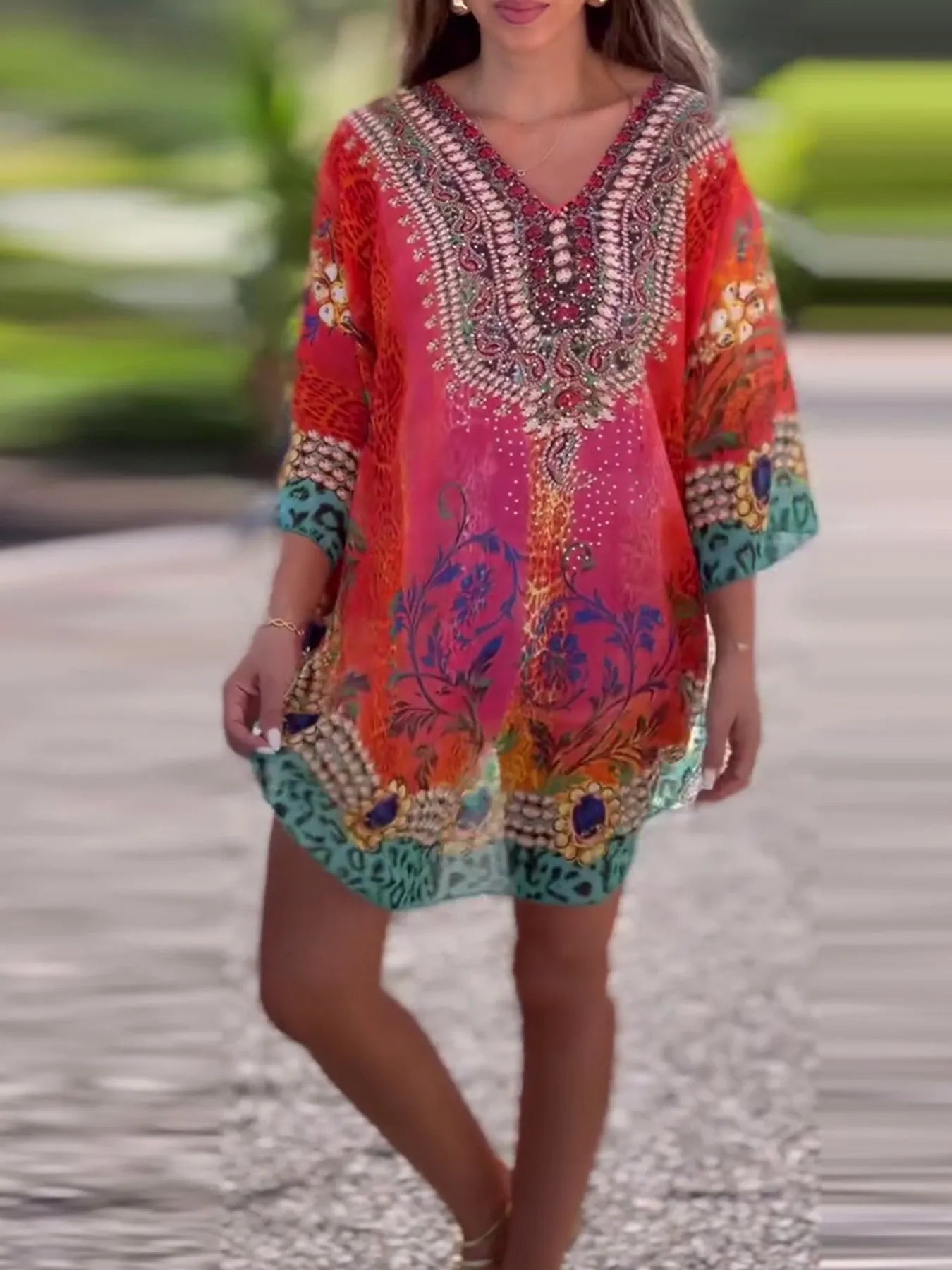 Floral Print V-Neck Cover Up - Fashorio
