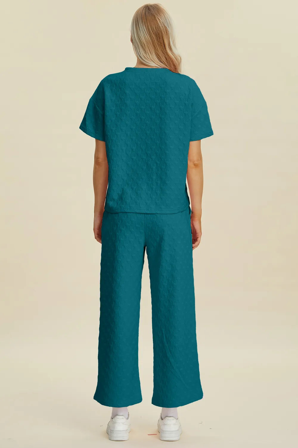 Double Take Full Size Texture Round Neck Short Sleeve Top and Pants Set - Fashorio