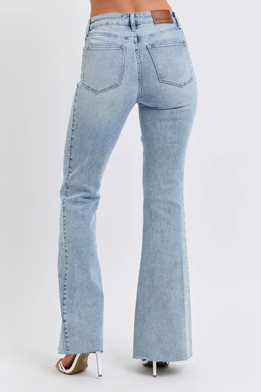 Judy Blue Full Size Mid Rise Rhinestone Side Panel Detail Flare Jeans Plus Size - Fashorio