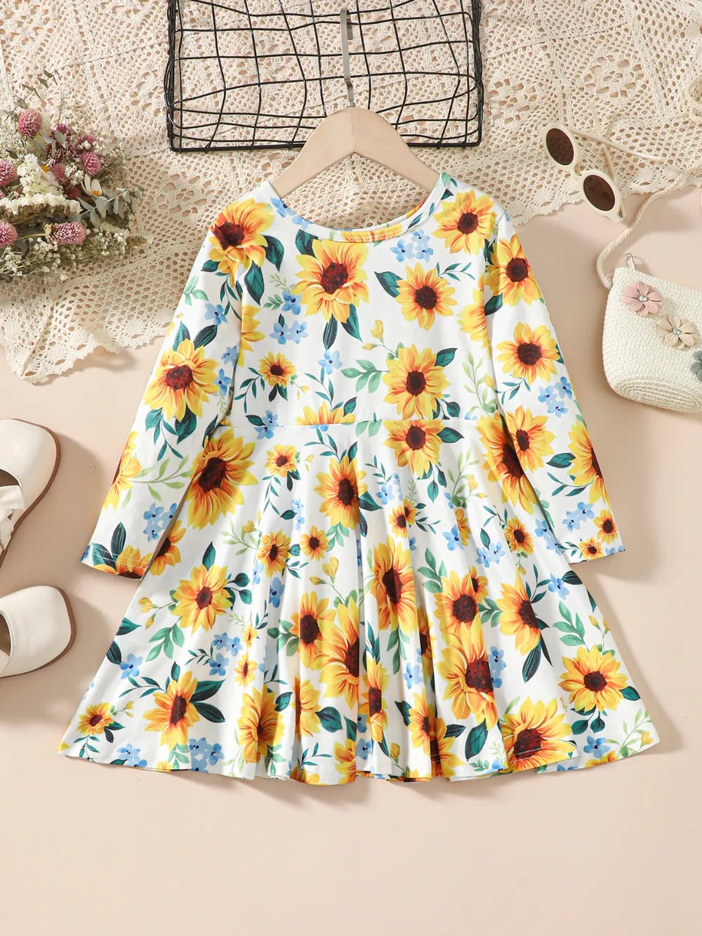 Kids Sunflower Print Round Neck Long Sleeve Dress - Fashorio