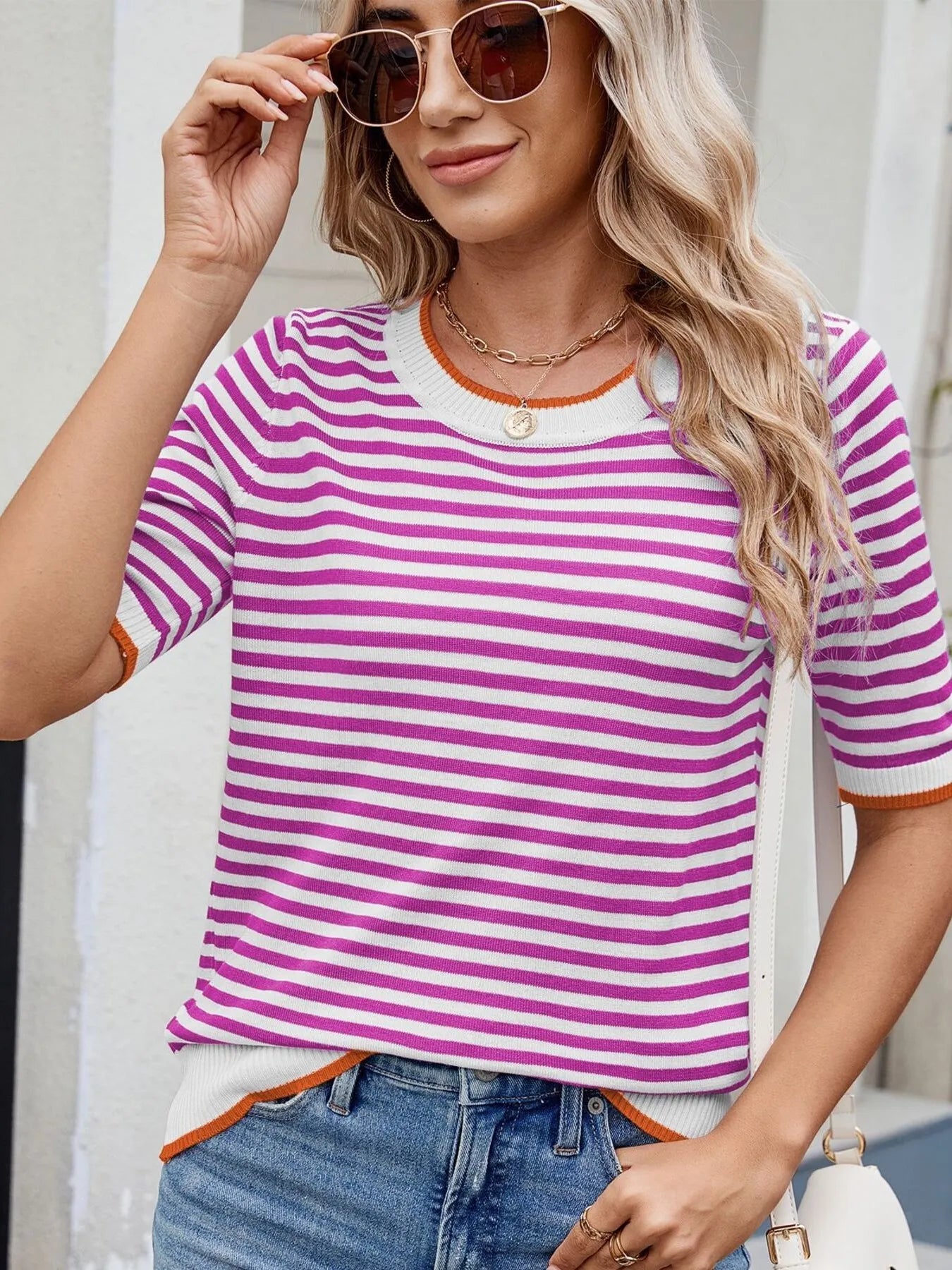 Striped Casual T-Shirt with Contrast Trim - Fashorio