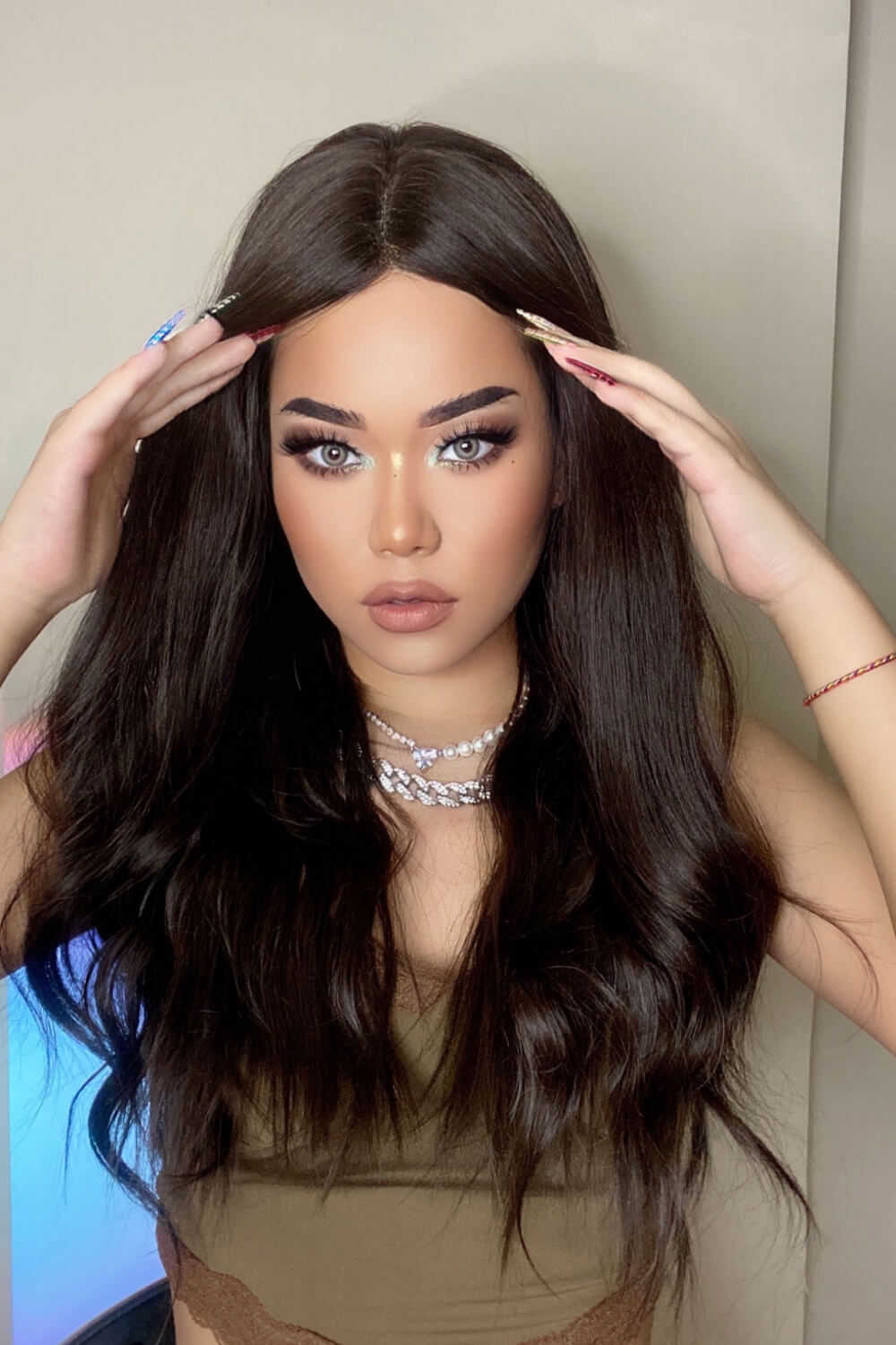 13*2" Lace Front Wigs Synthetic Long Wave 26" Heat Safe 150% Density in Brown - Fashorio