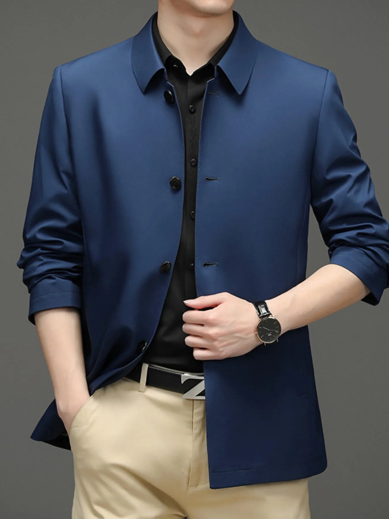 Men's Button Up Long Sleeve Jacket Blue - Fashorio