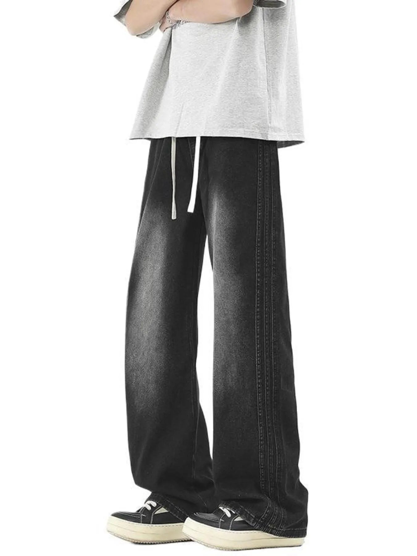 Men's Plus Size Drawstring Washed Wide Leg Jeans - Fashorio