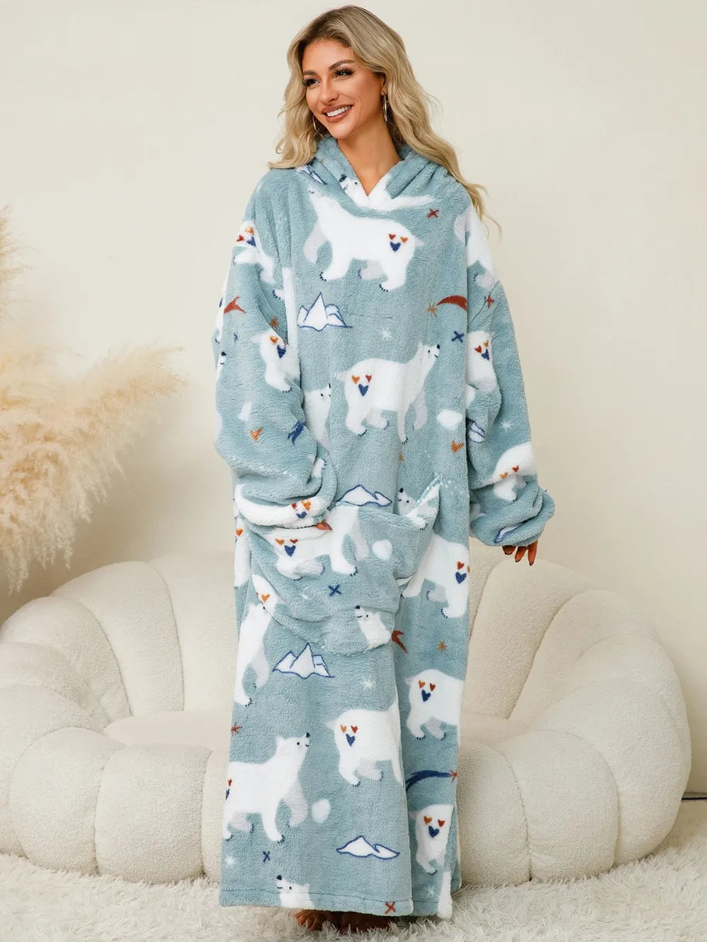 Fuzzy Pocketed Long Sleeve Hooded Lounge Dress - Fashorio