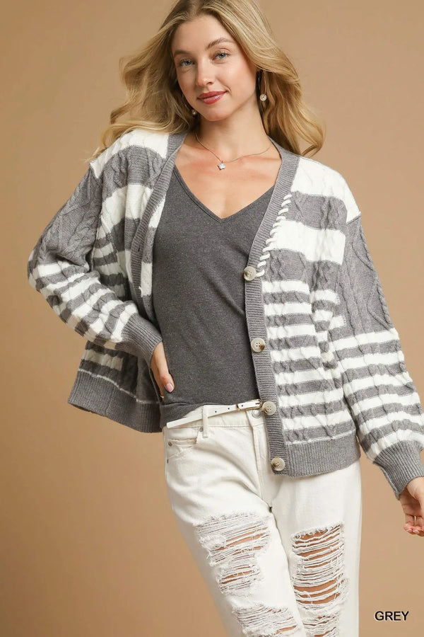 Umgee Cable-Knit Stripe Button-Up Cardigan GREY - Fashorio