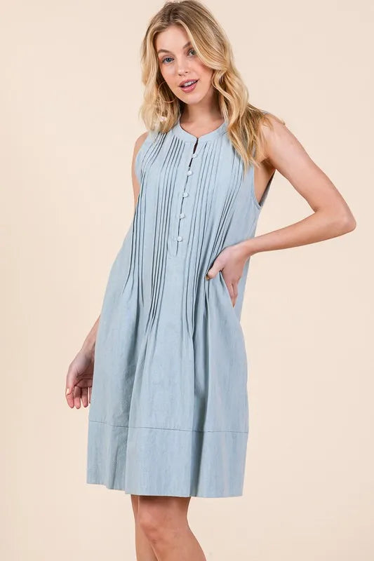 Lime 'N' Chili Denim Pintuck Detail Sleeveless Midi Dress - Fashorio