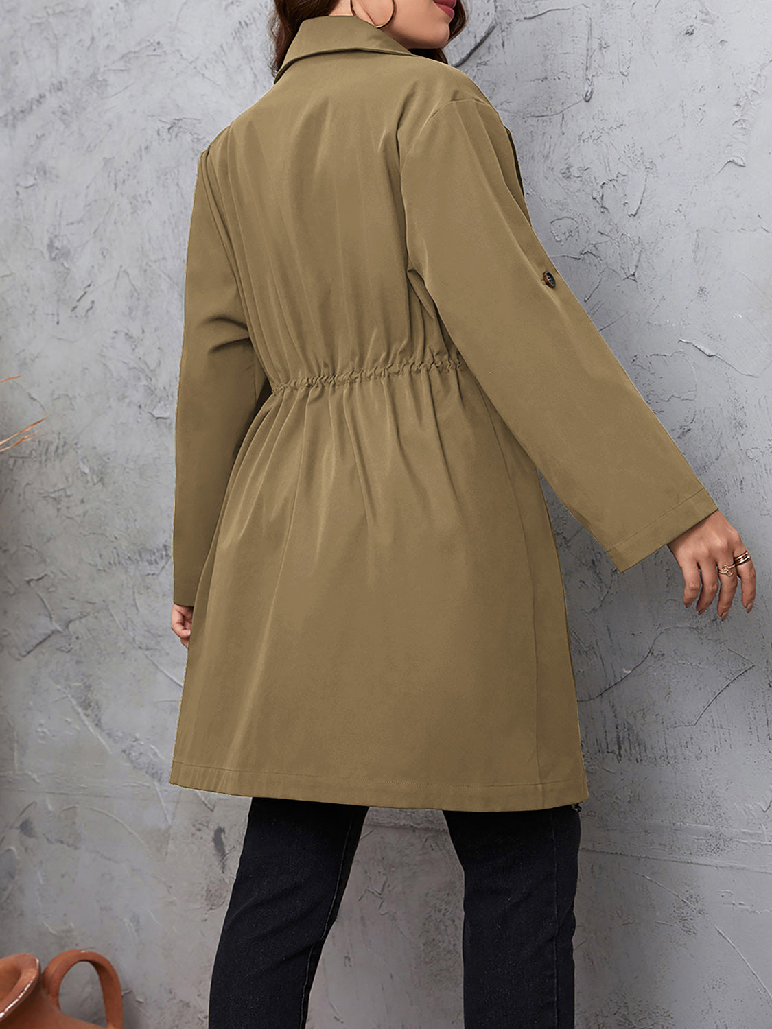 Honey Plus Size Lapel Collar Drawstring Roll-Tab Sleeve Trench Coat - Fashorio