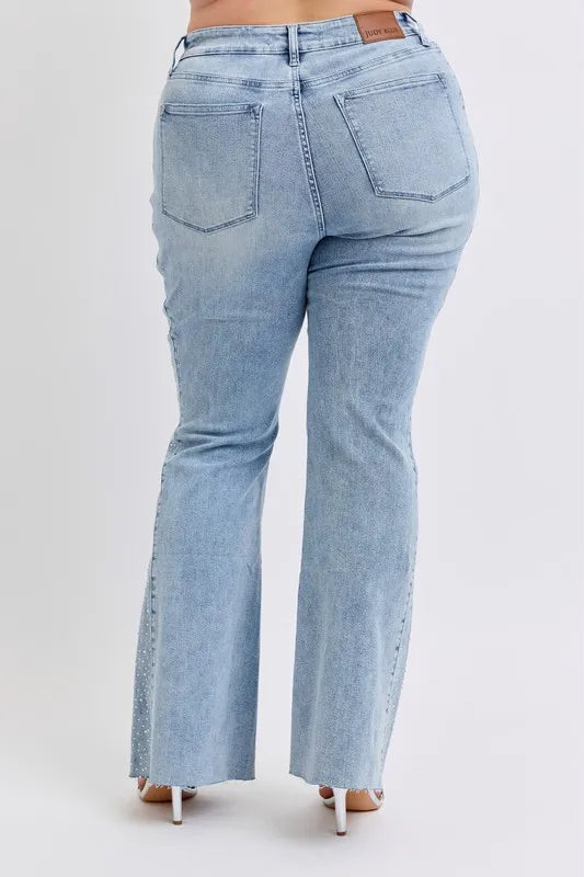 Judy Blue Full Size Mid Rise Rhinestone Side Panel Detail Flare Jeans Plus Size - Fashorio