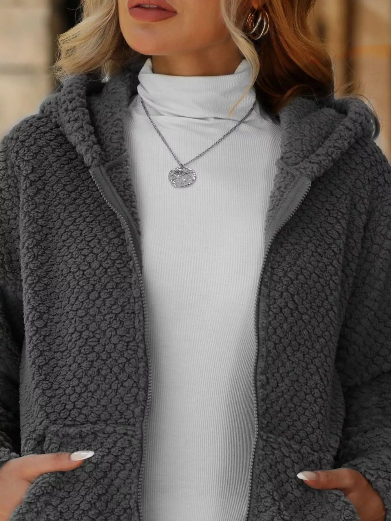 Textured Knit Zip-Up Hooded Outerwear - Fashorio