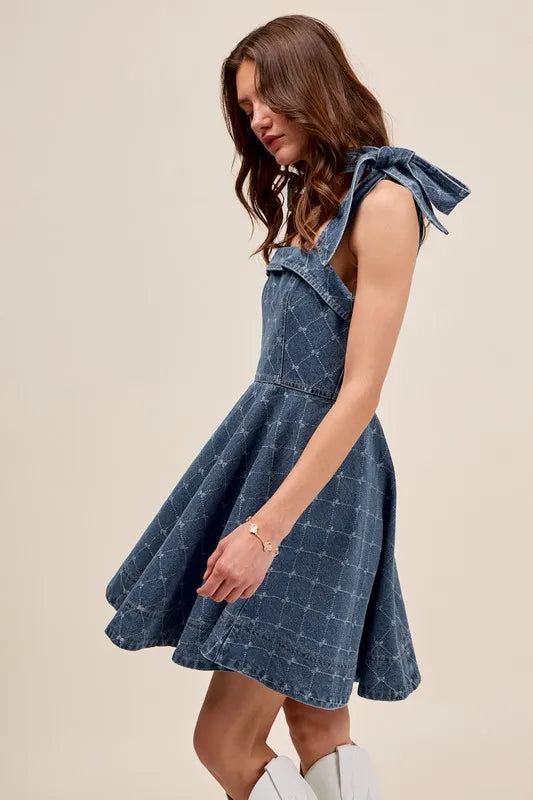 SO ME A Line Fit and Flare Diamond Bow Ribbon Denim Dres - Fashorio