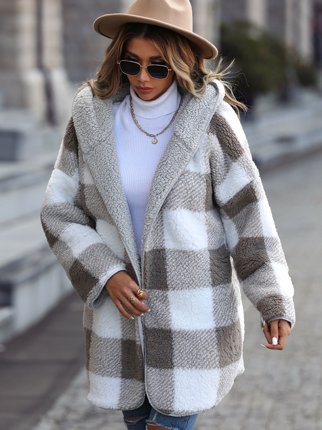 Plaid Open Front Hooded Coat - Fashorio