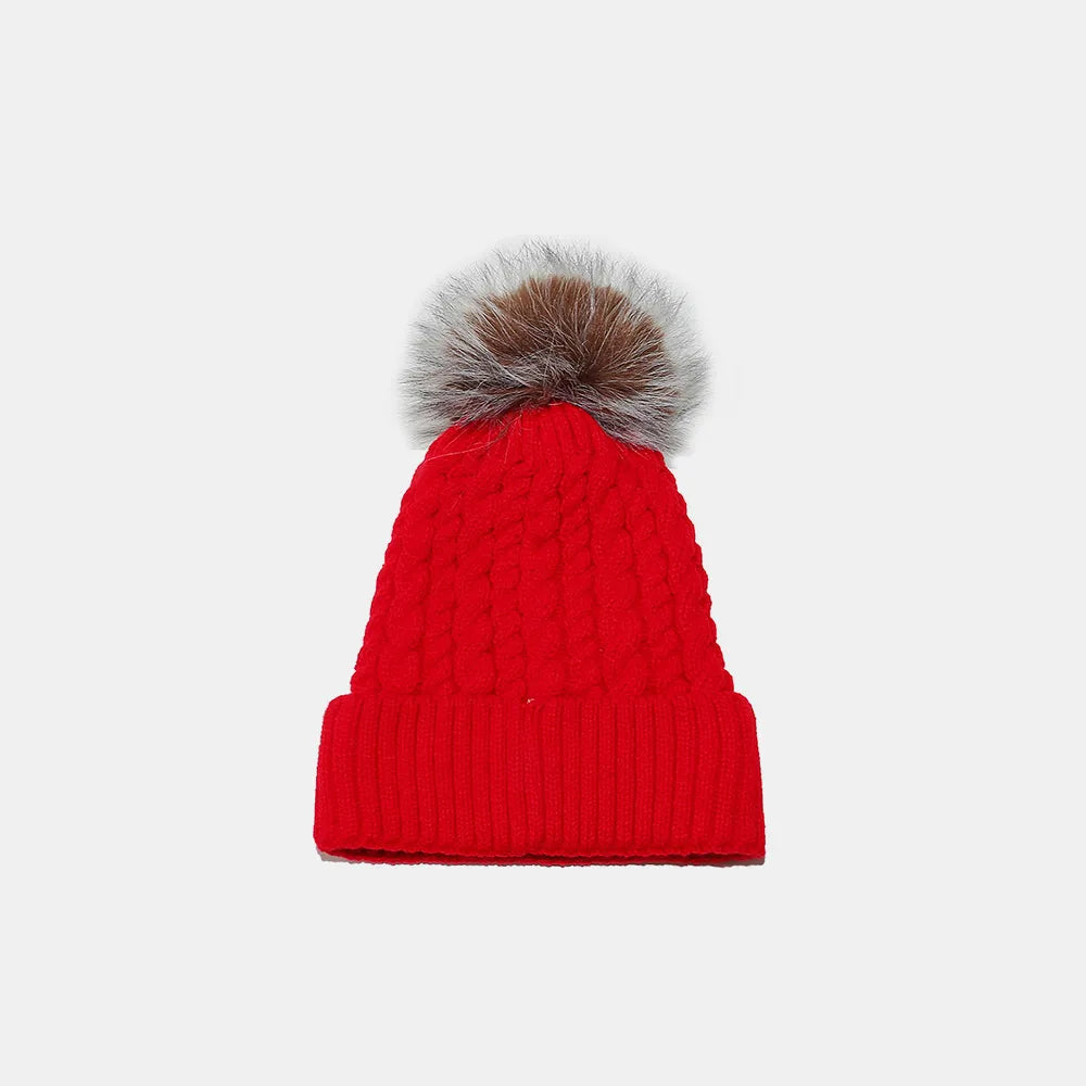 Cable Knit Winter Hat with Pompom Deep Red One Size - Fashorio