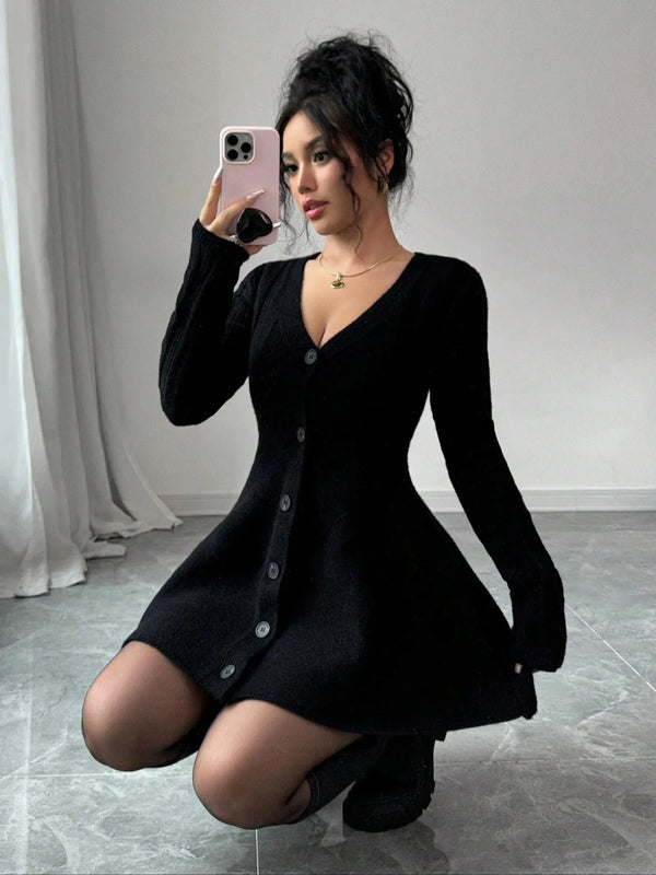 Button-Front V-Neck Knit Dress Black - Fashorio