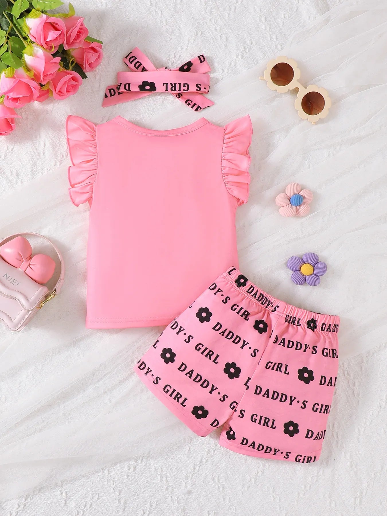 Children's Headband Letter Ruffle Sleeve Top and Shorts 3-Piece Set - Fashorio