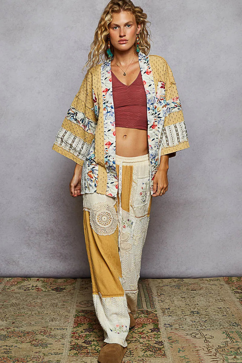 POL Raw Edge Open Front Patchwork Cardigan with Floral Trim - Fashorio