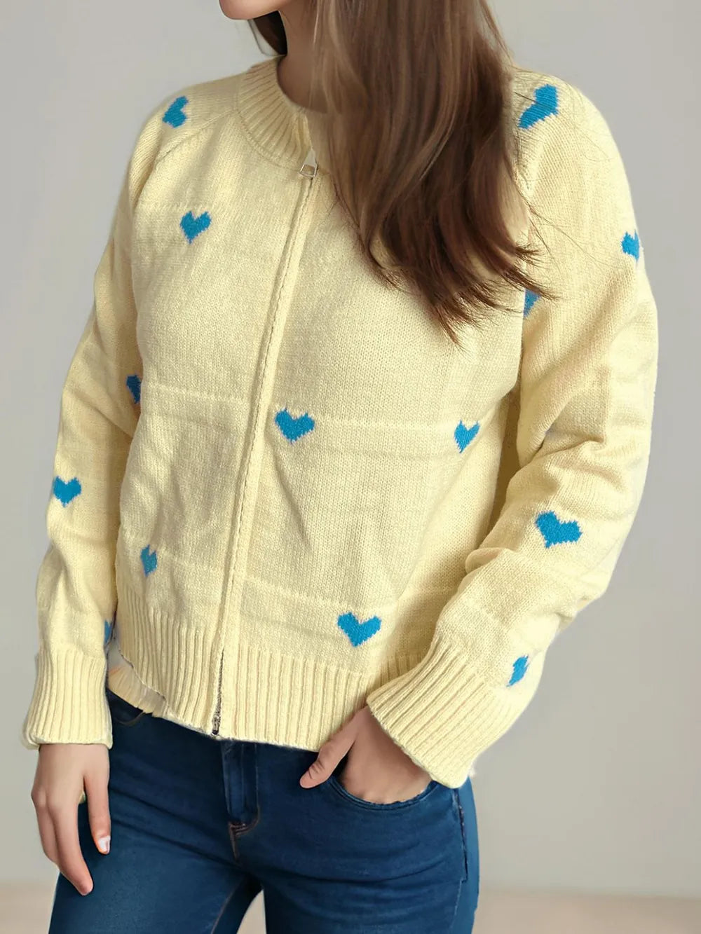 Heart Round Neck Zip Up Cardigan - Fashorio