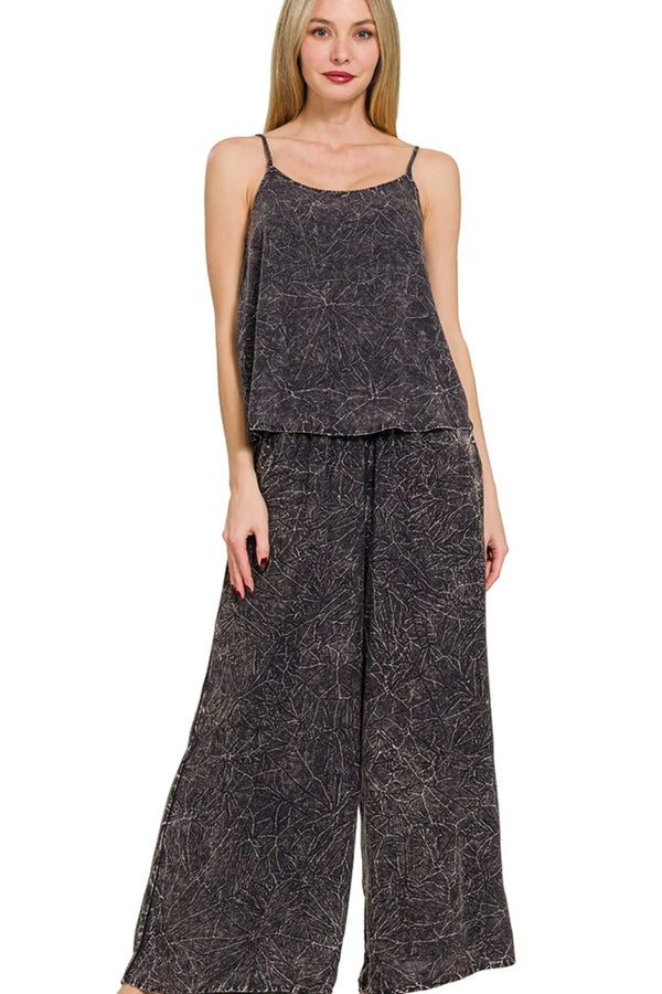 Zenana Woven Acid Crinkle Washed Cami & Pants 2 Piece Set ASH BLACK - Fashorio