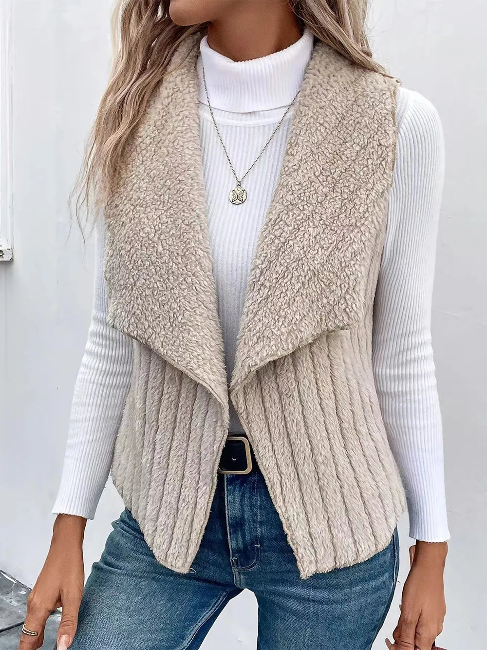 Open Front Fuzzy Vest Coat - Fashorio