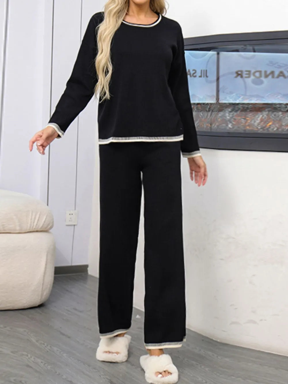 Contrast Trim Round Neck Top and Pants Sweater Set - Fashorio