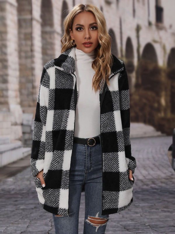 Plaid Collared Neck Coat with Pockets Black - Fashorio