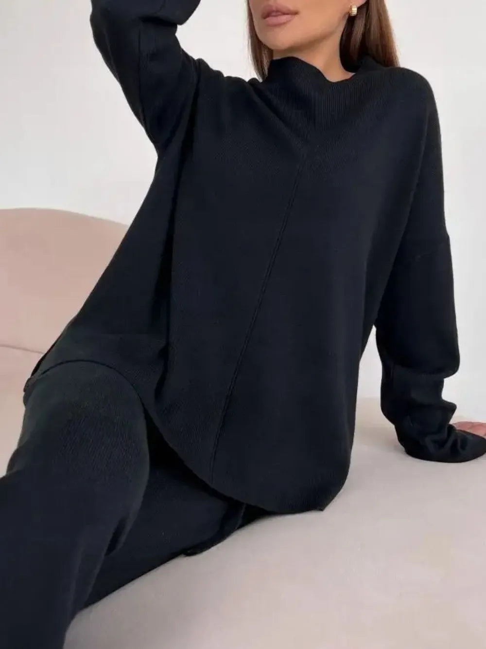 Slit Mock Neck Top and Pants Sweater Set - Fashorio