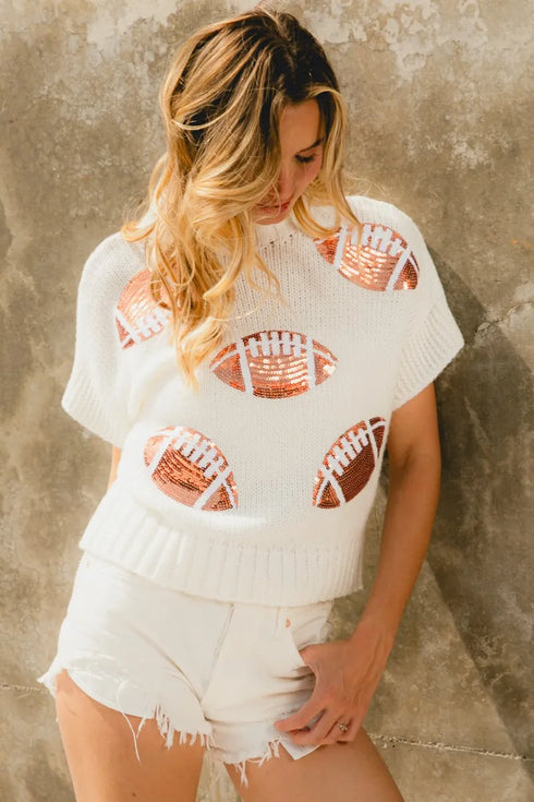 BiBi Gameday Sequin Football Patches Rib Banded Sweater - Fashorio