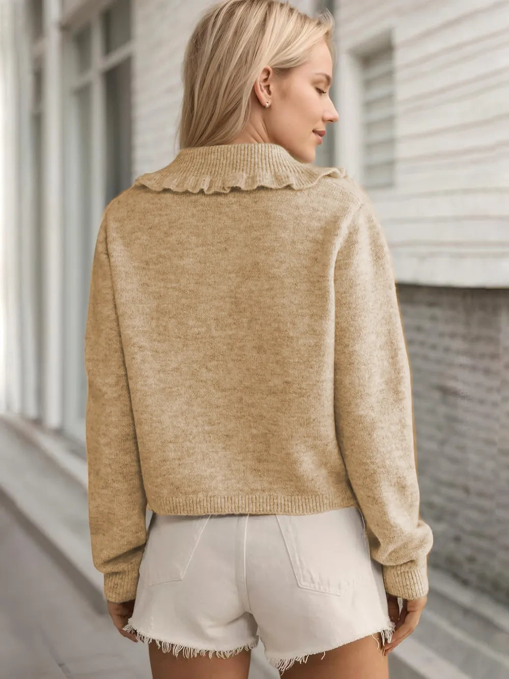 Frill Button Up Collared Neck Long Sleeve Cardigan - Fashorio