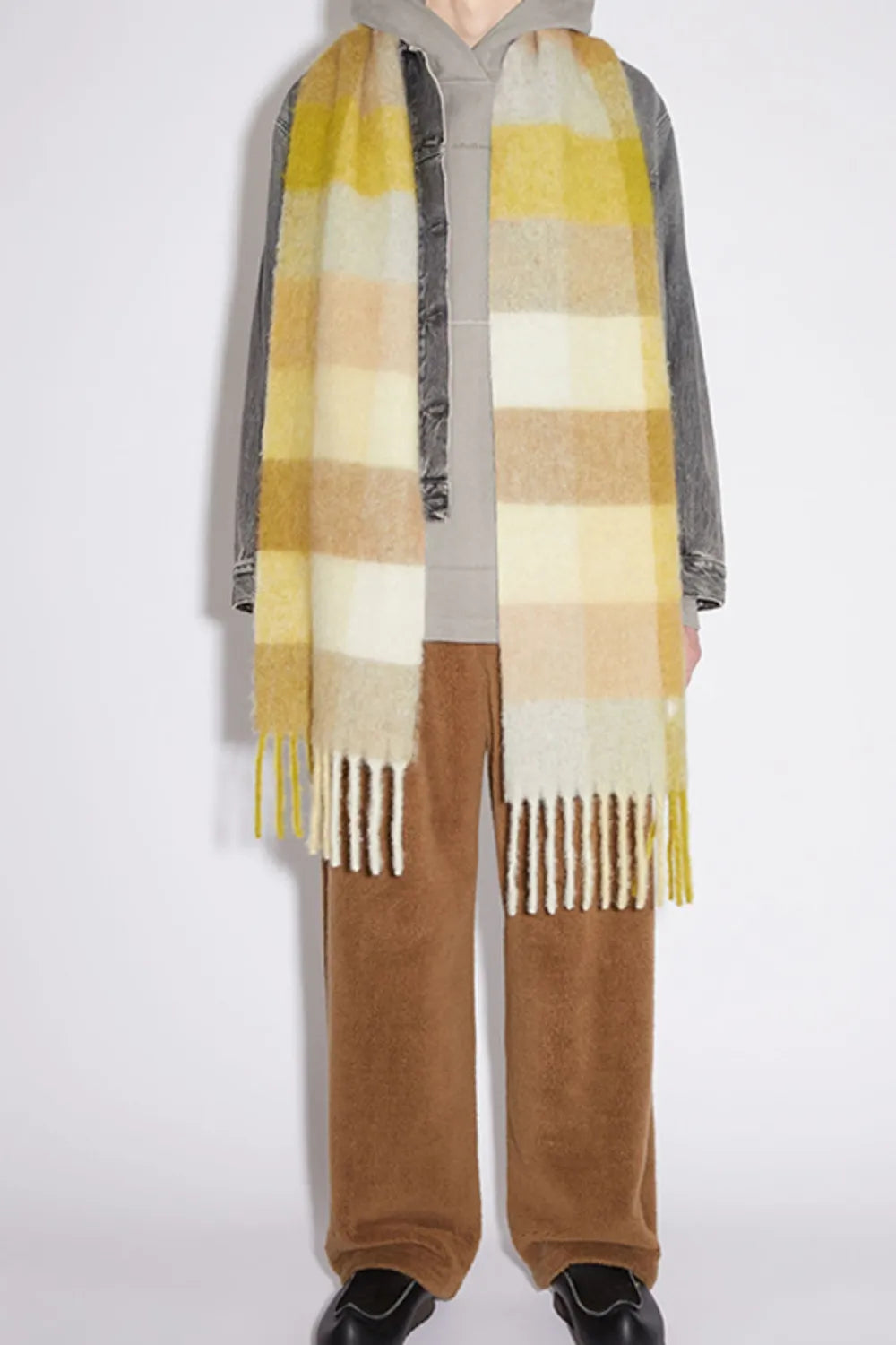 Thermal Fringe Contrast Plaid Scarf Yellow One Size - Fashorio