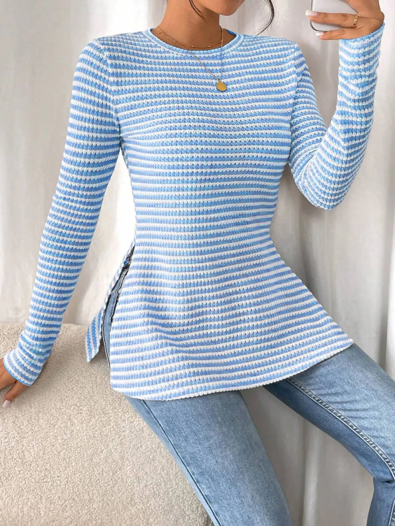Side Slit Striped Long Sleeve T-Shirt Light Blue - Fashorio