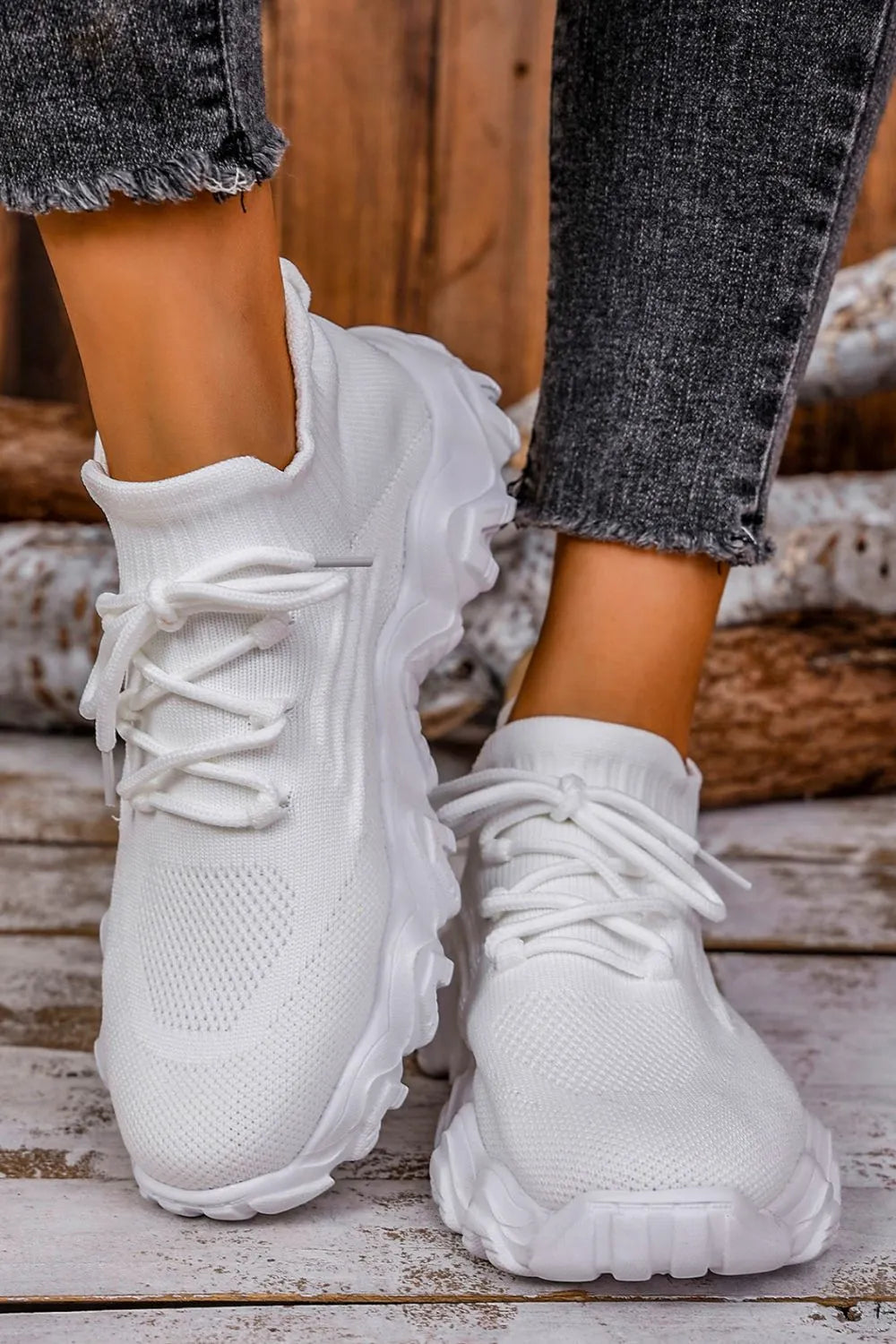 Mesh Lace-Up Round Toe Athletic White - Fashorio