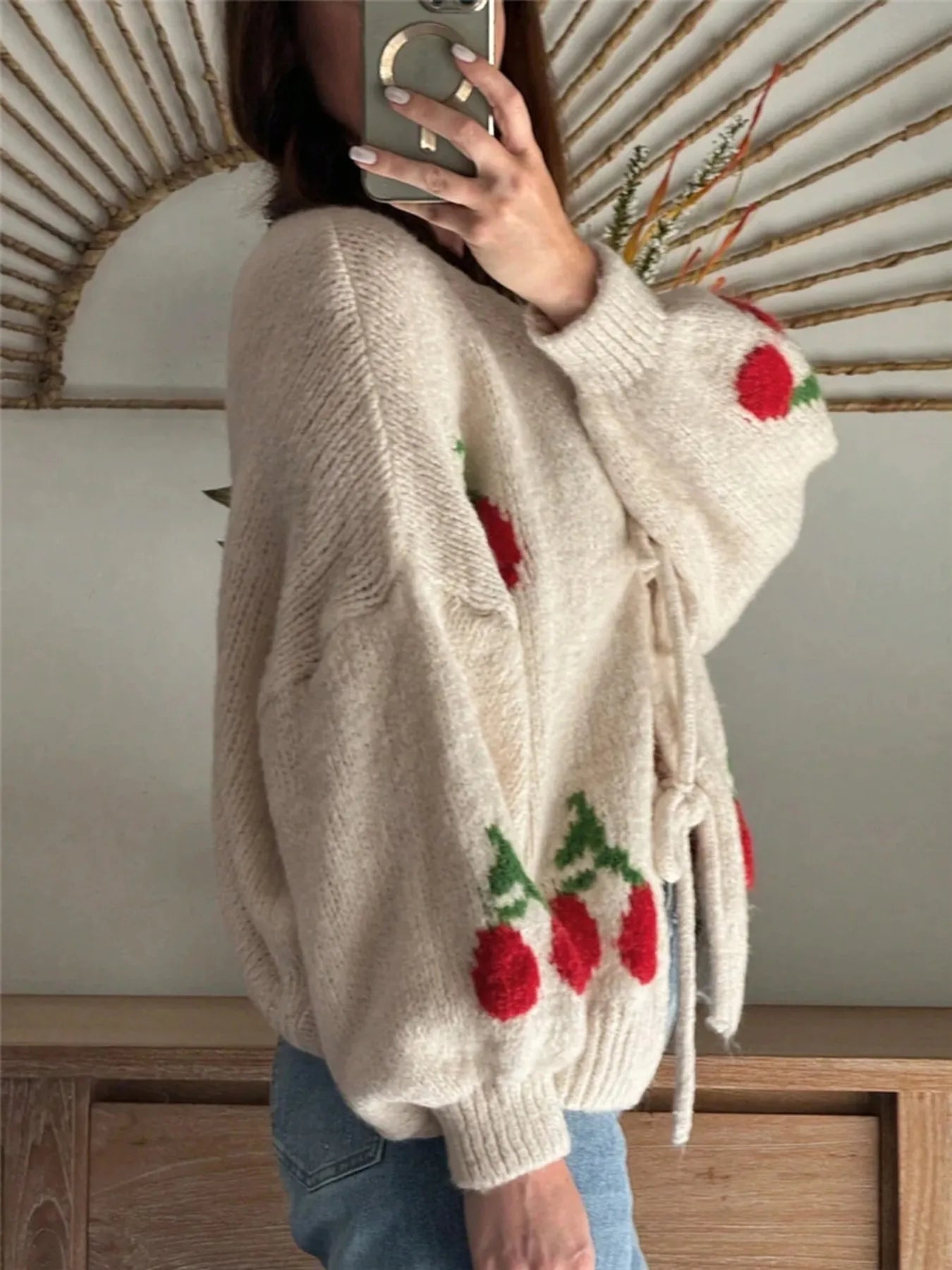 Cherry Pattern Tie-Front Oversized Cardigan - Fashorio