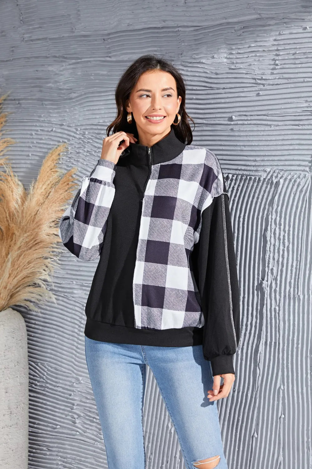 Plaid Exposed Seam Long Sleeve Blouse - Fashorio